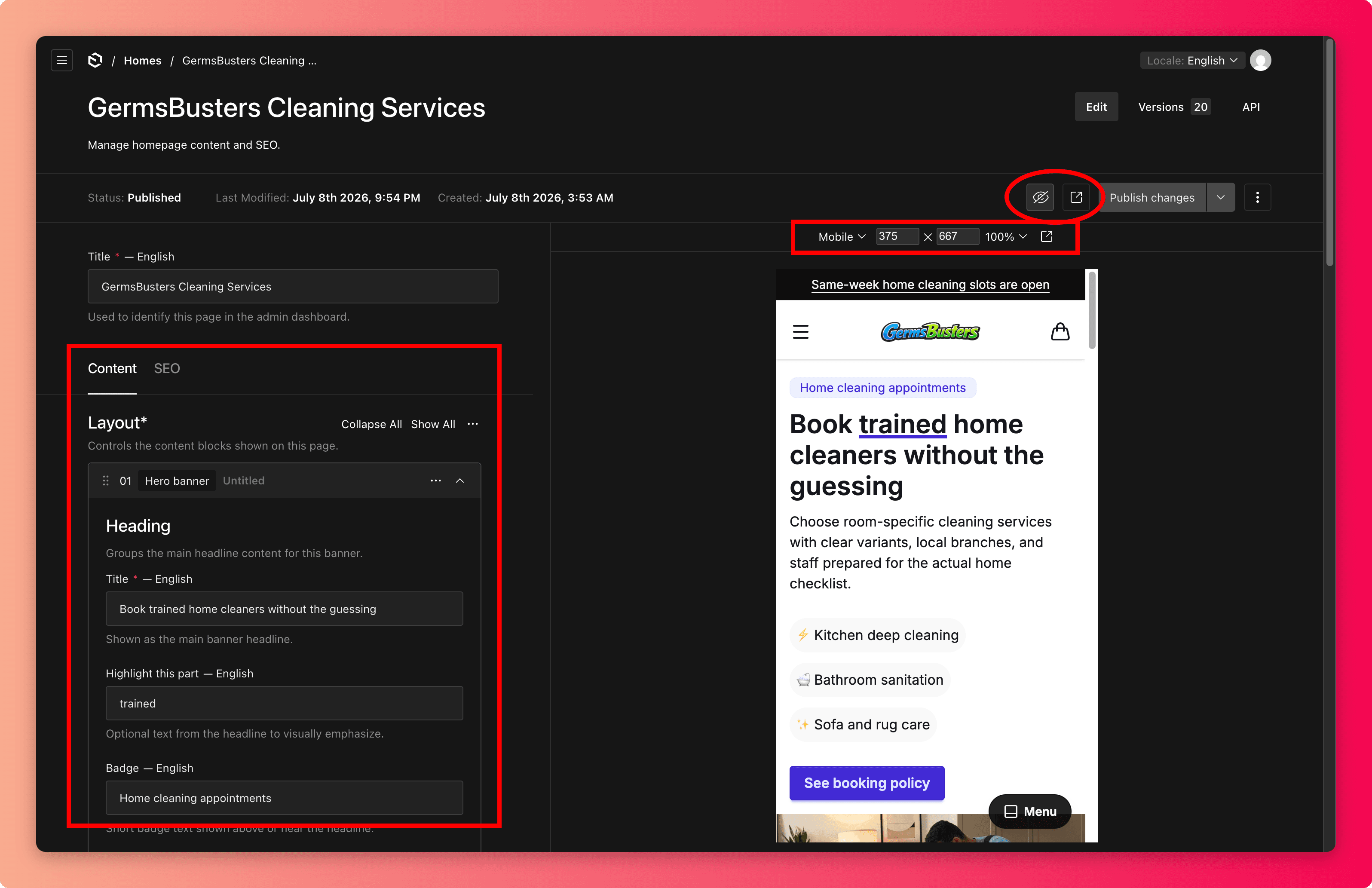Live preview panel next to the edit form toggling between desktop and mobile widths