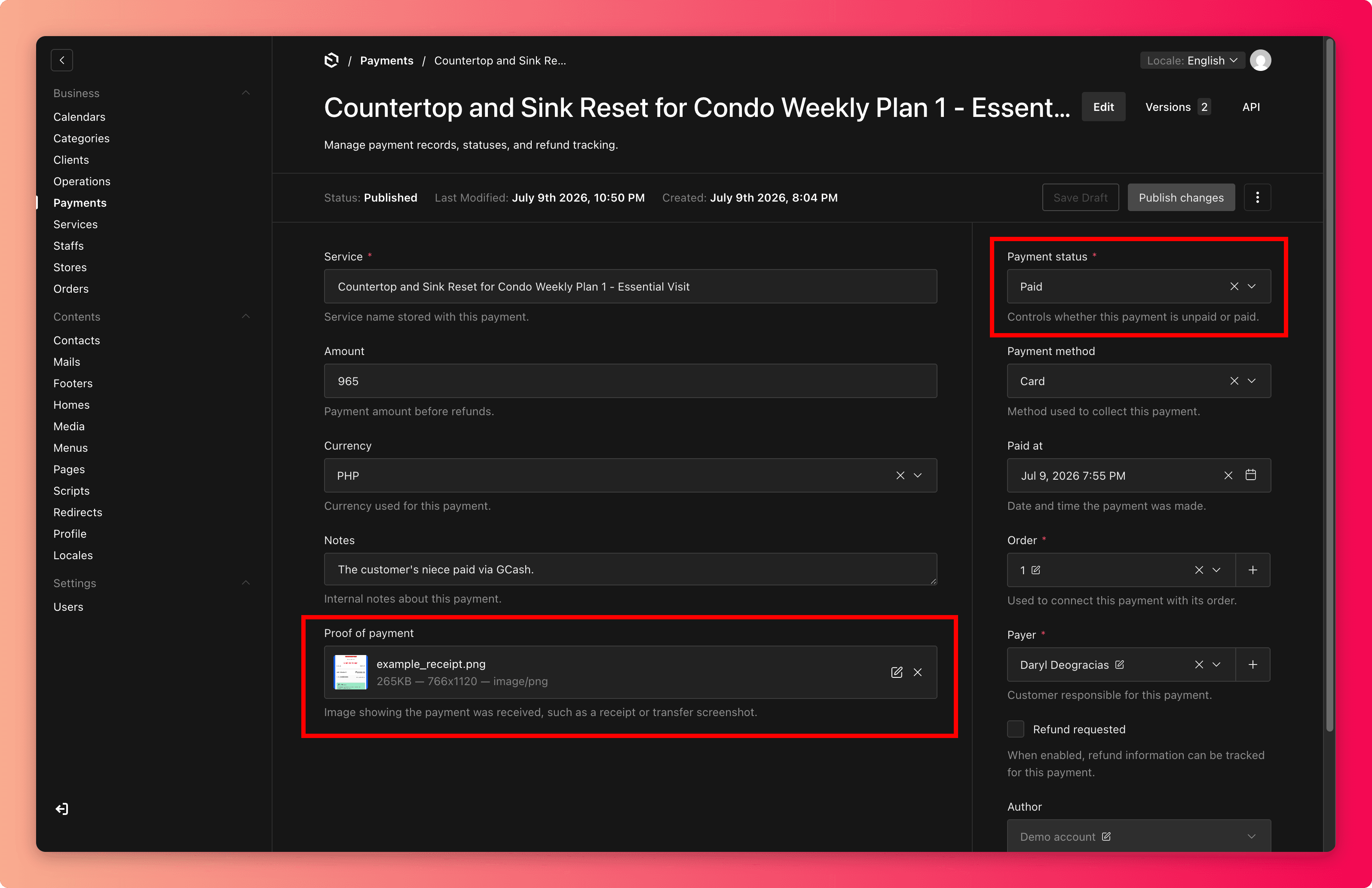 Payment dashboard with payment status field