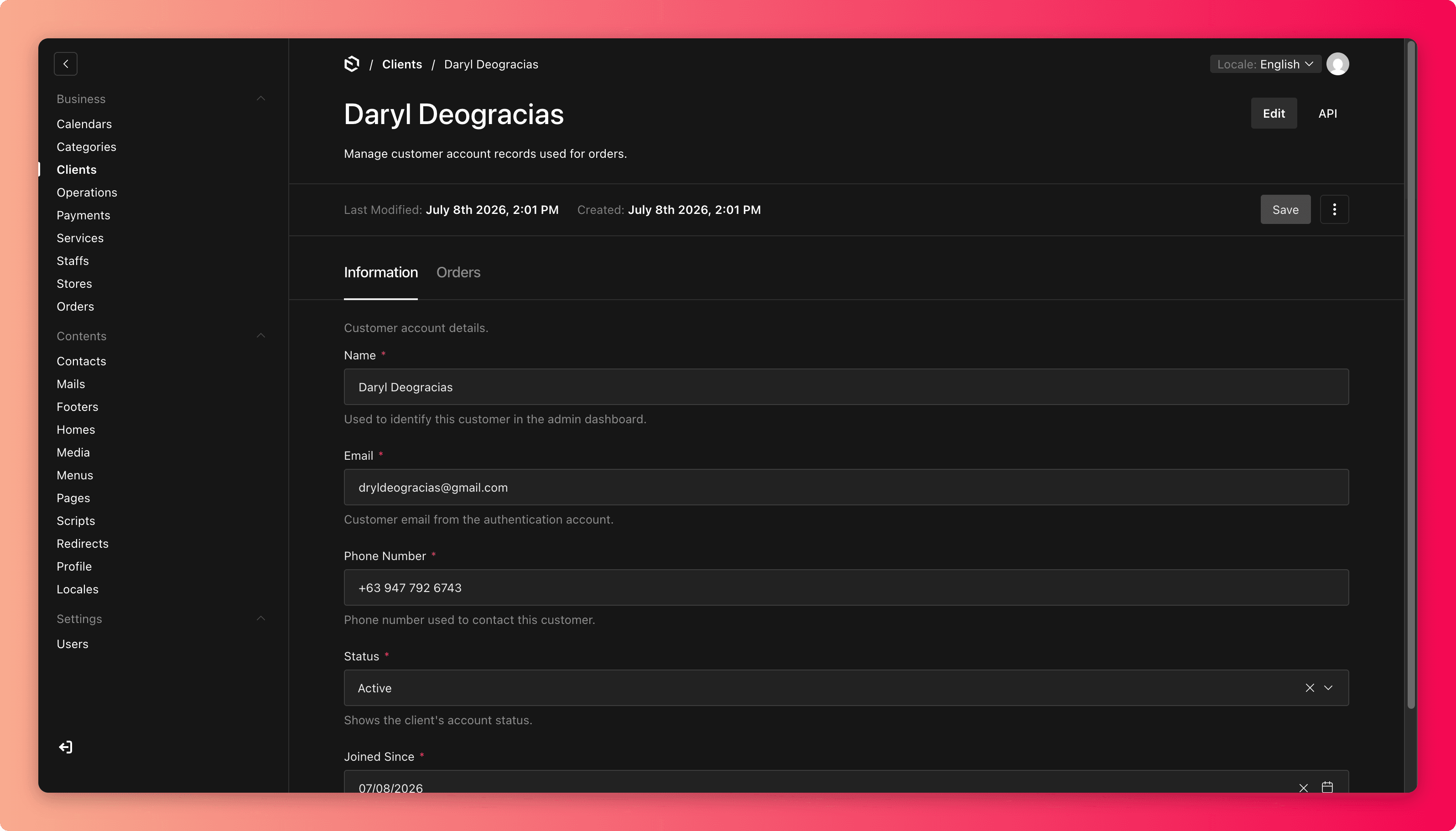 Screenshot of a customer account with information and order history