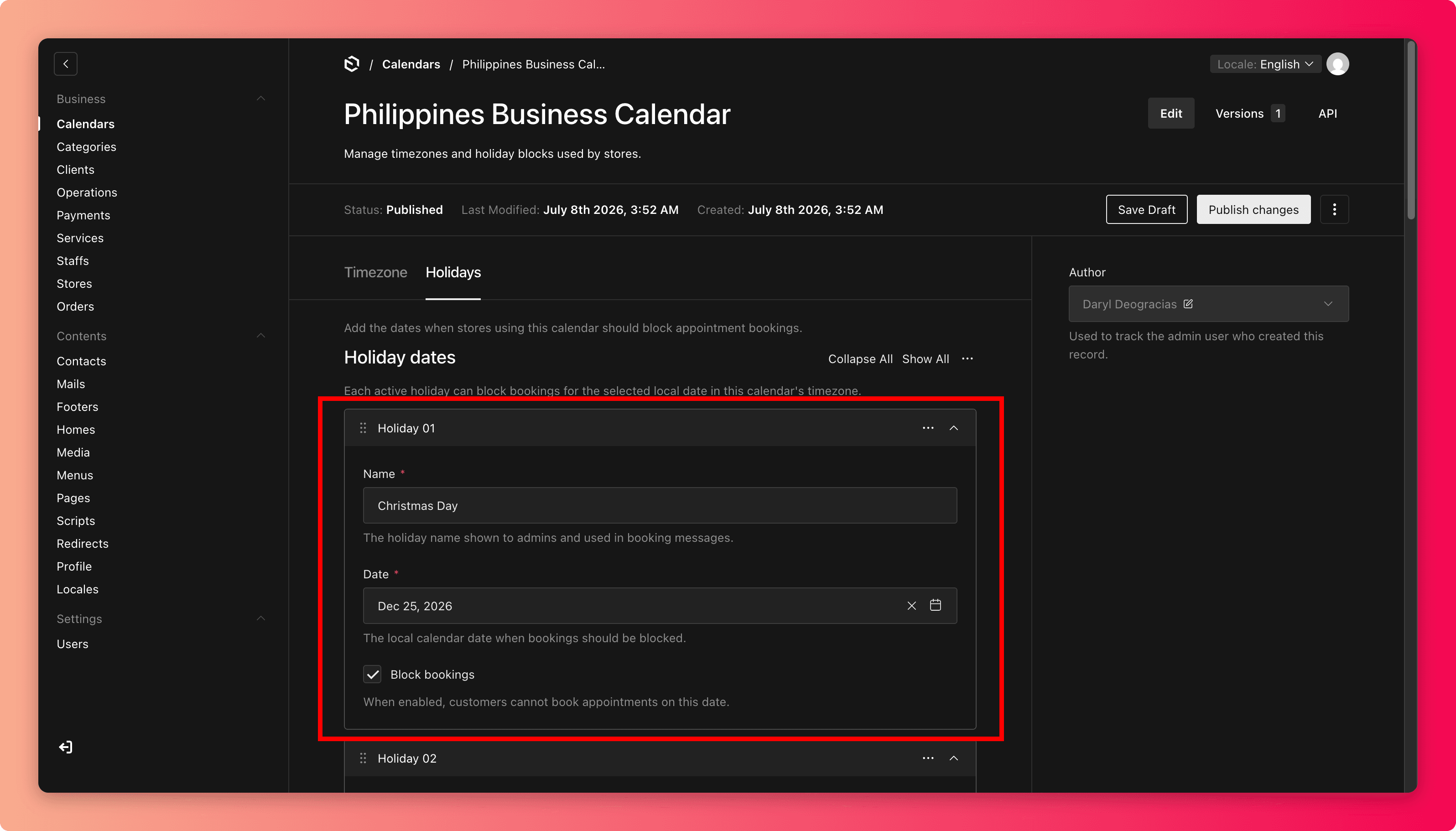 Screenshot of a holiday entry with the name, date, and block-bookings toggle highlighted