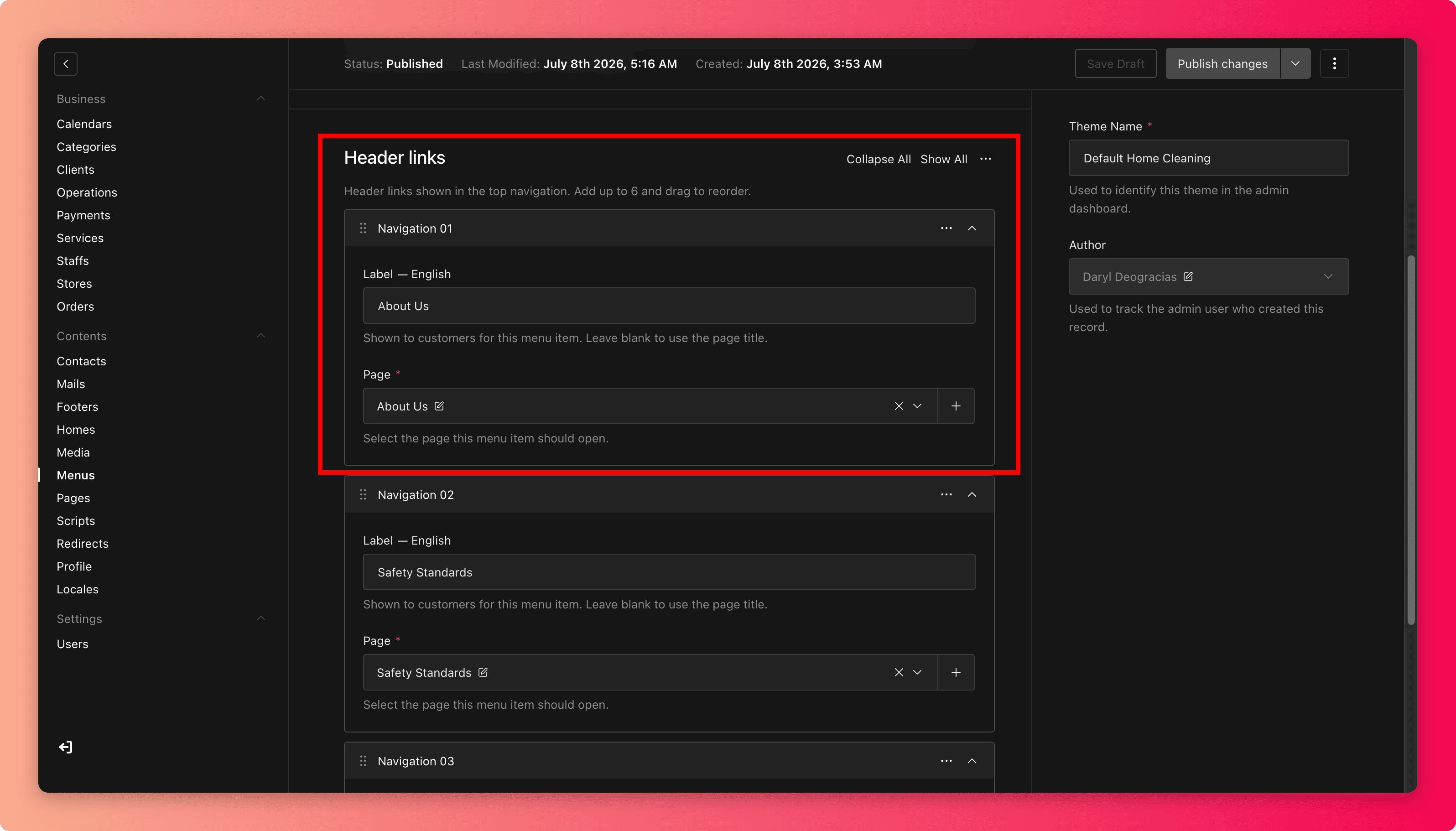 Screenshot of a link entry with text and destination fields highlighted