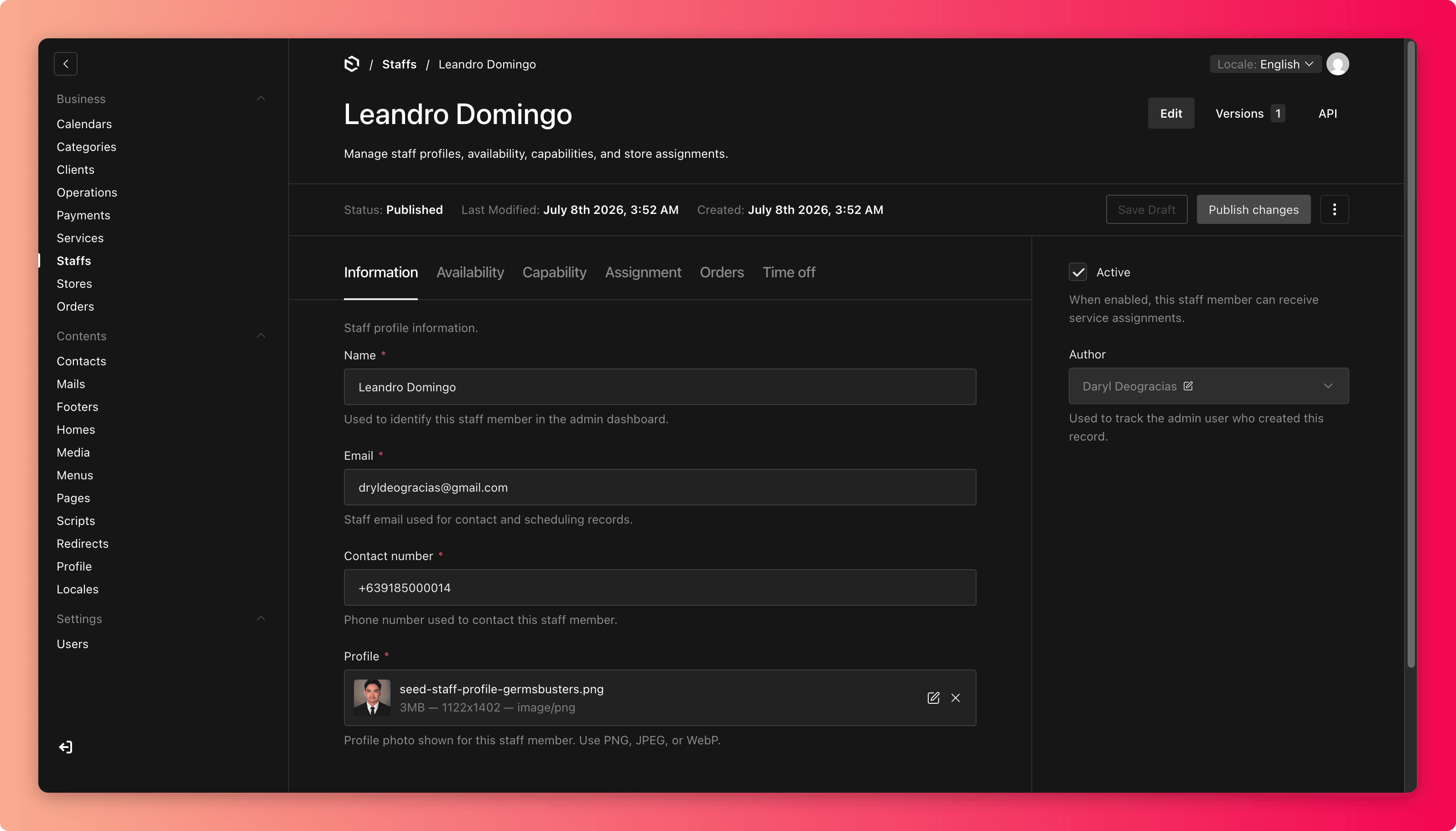 Screenshot of a staff record with the Information and Availability tabs