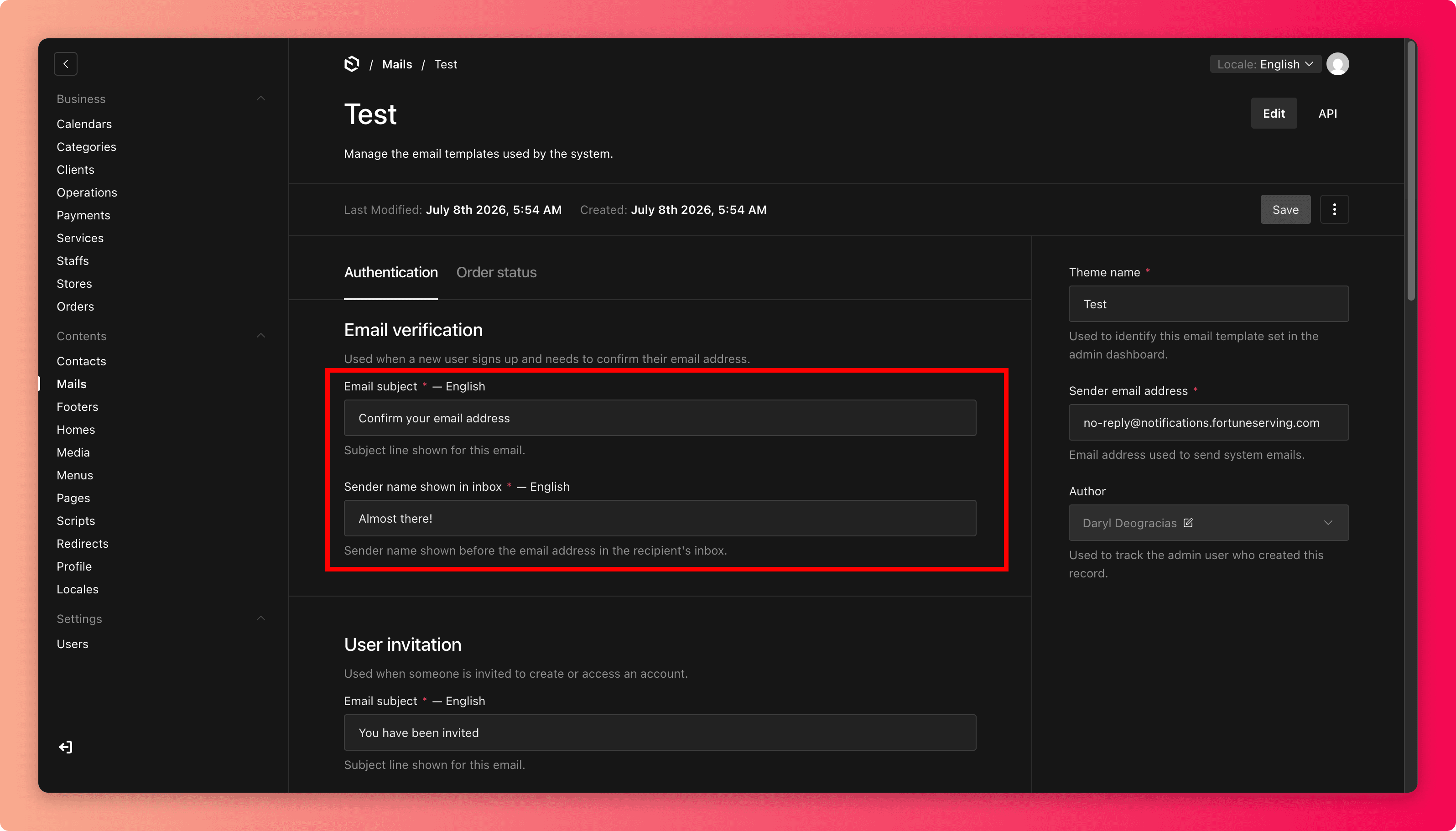 Screenshot of an email entry with subject and sender name fields highlighted