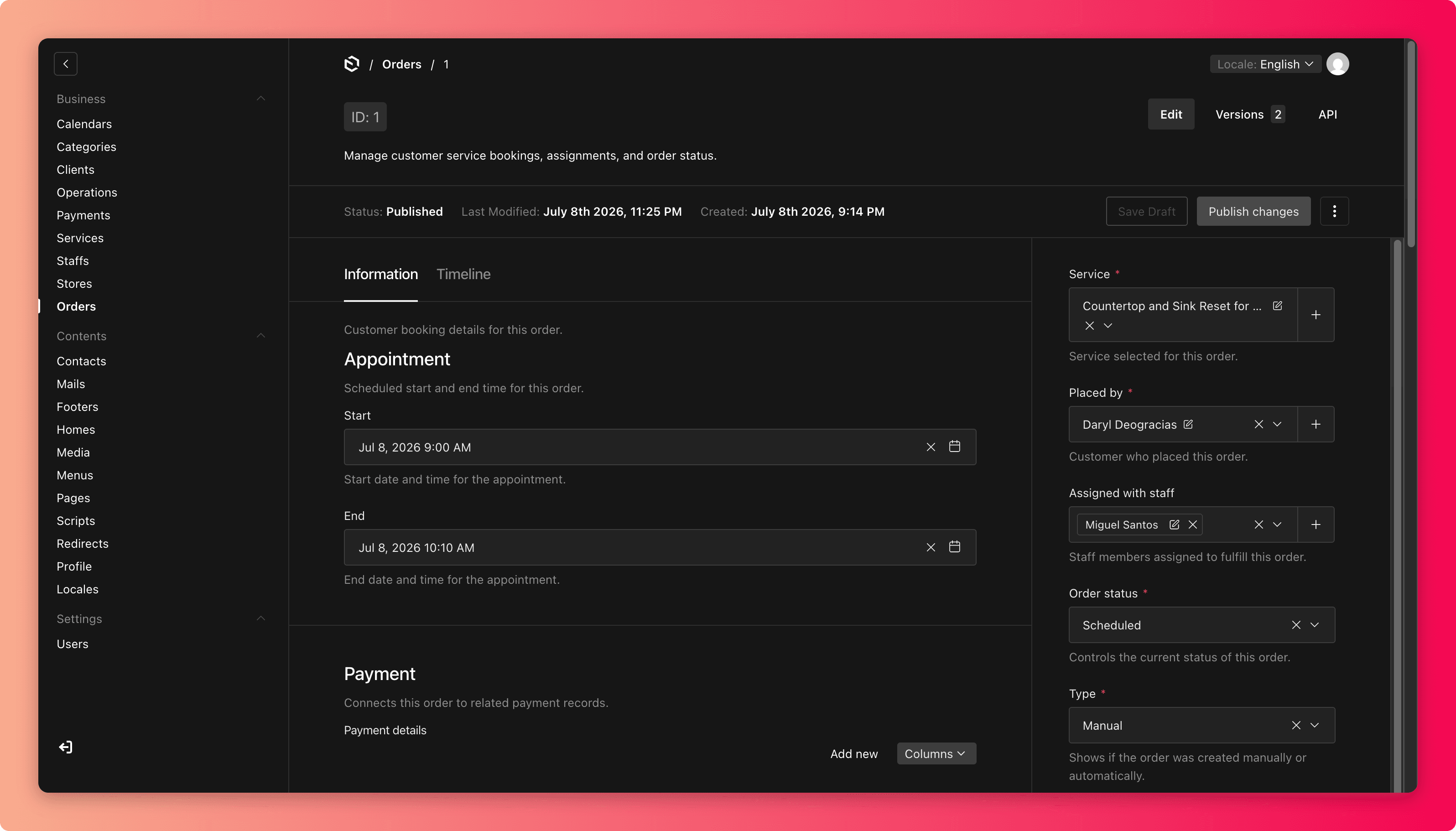 Screenshot of an order with the Information tab, Timeline tab, and sidebar status highlighted