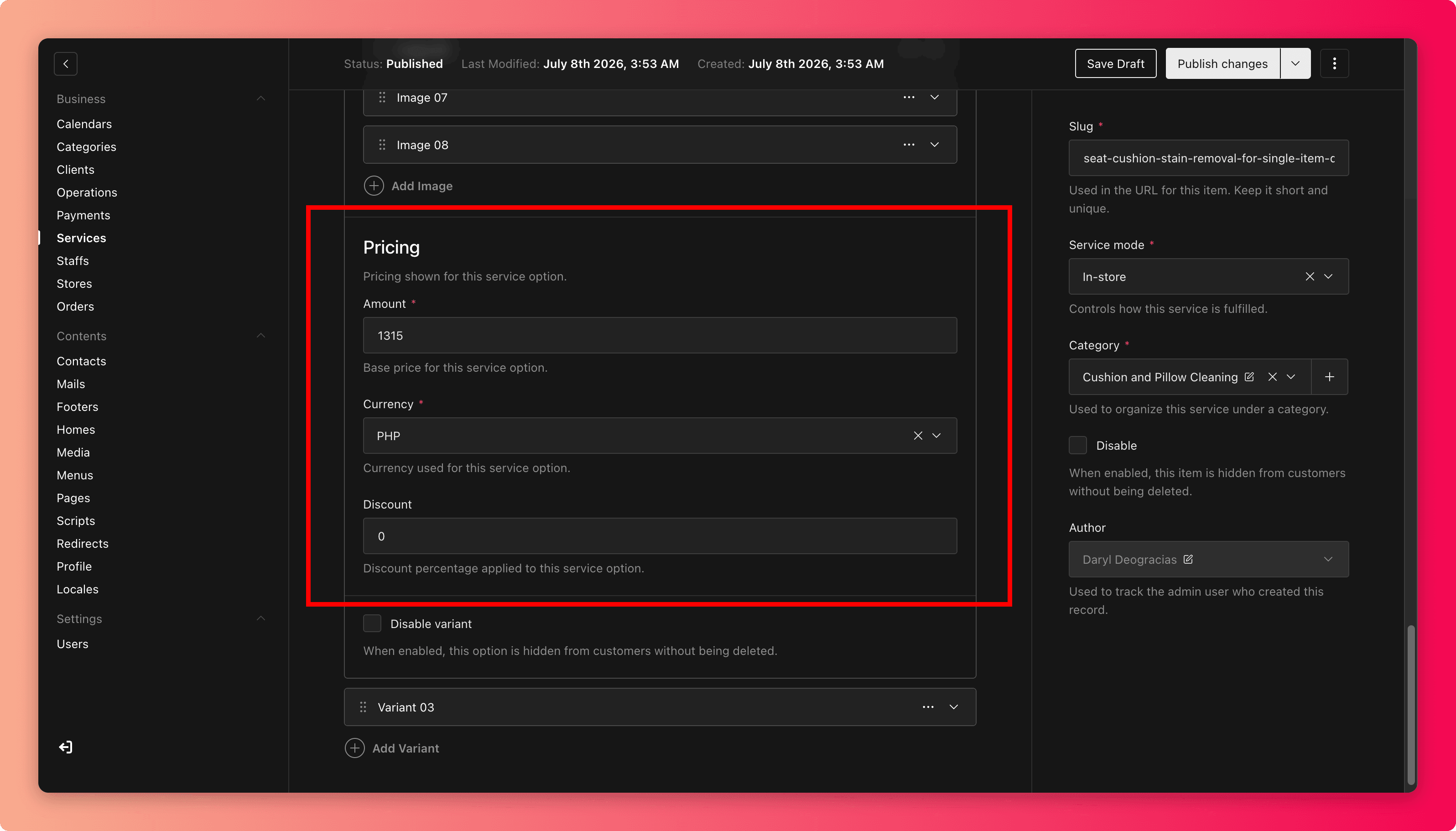 Screenshot of the Variants price