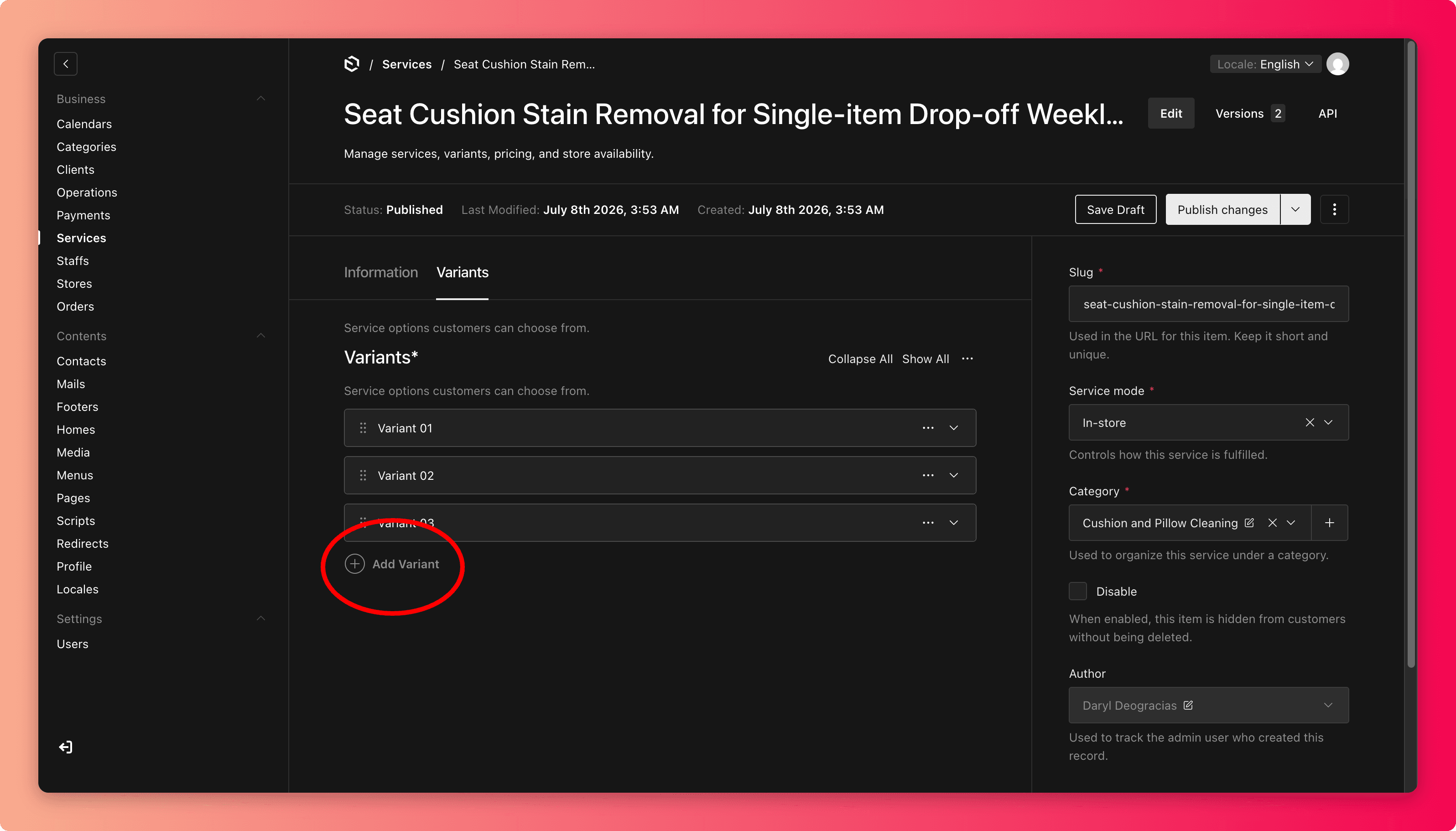 Screenshot of the Variants tab with pricing and duration highlighted