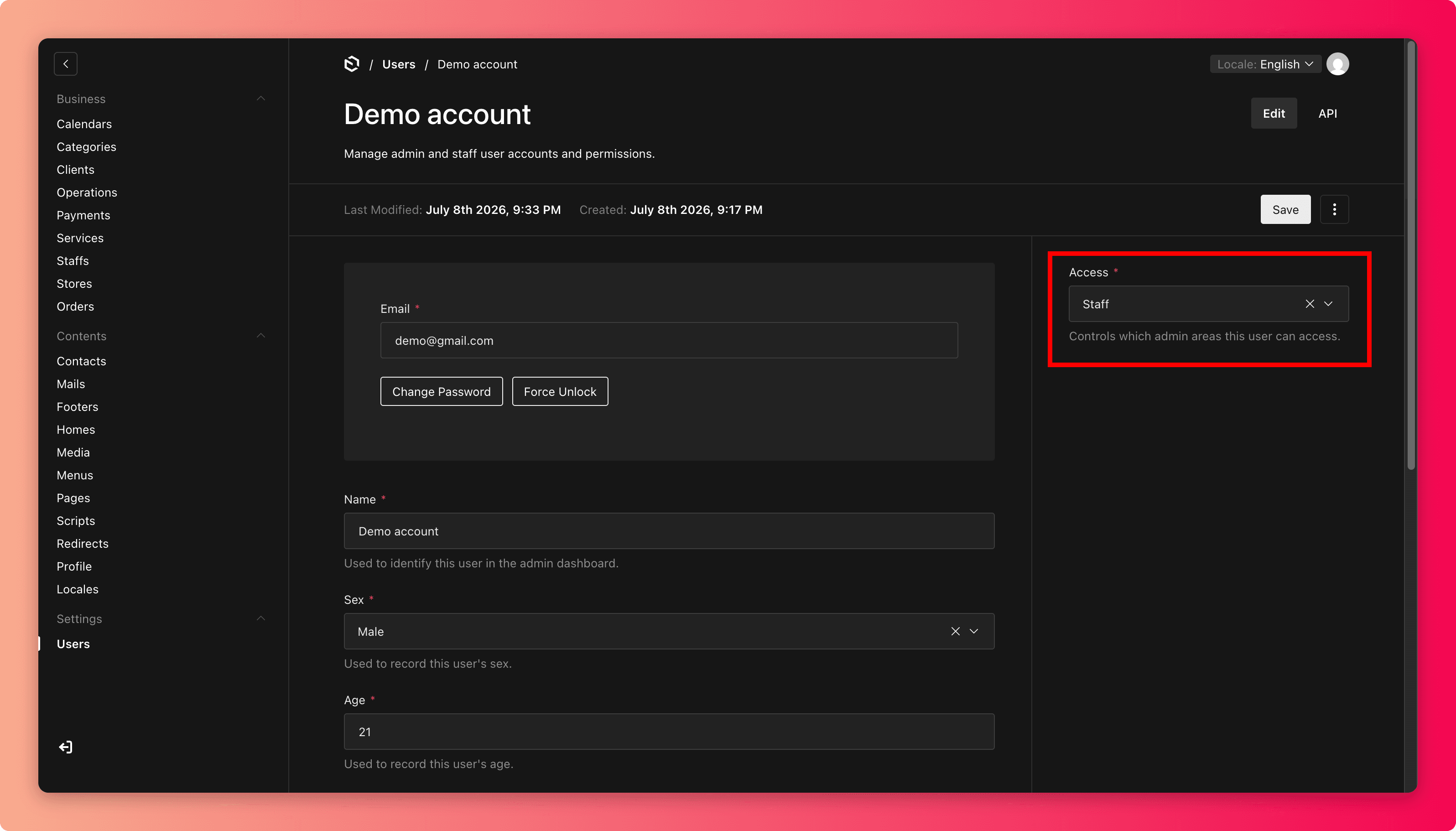 Screenshot of the access field on a user record