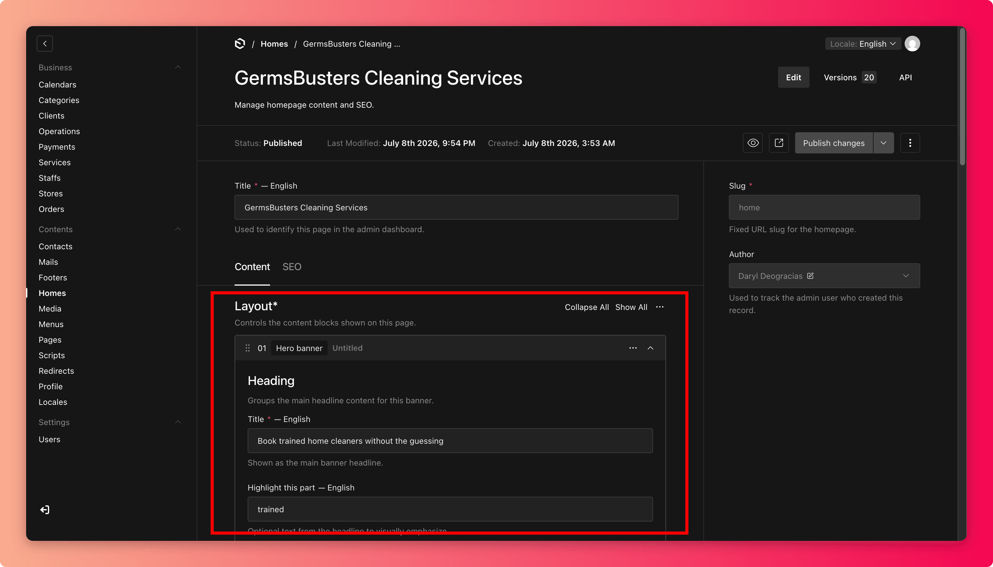 Screenshot of the homepage edit screen with the hero section highlighted
