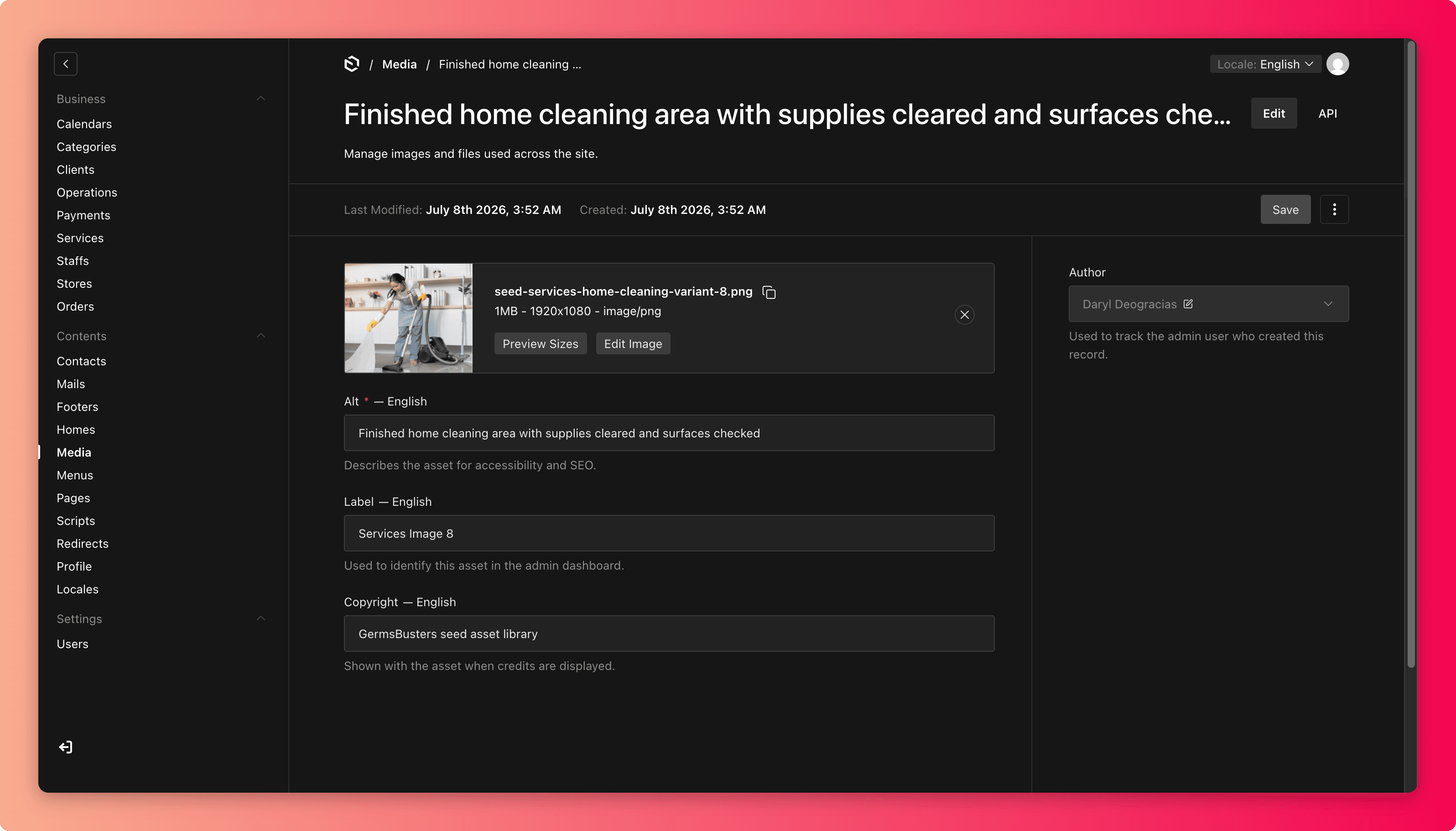 Screenshot of the media edit screen with title and description fields highlighted