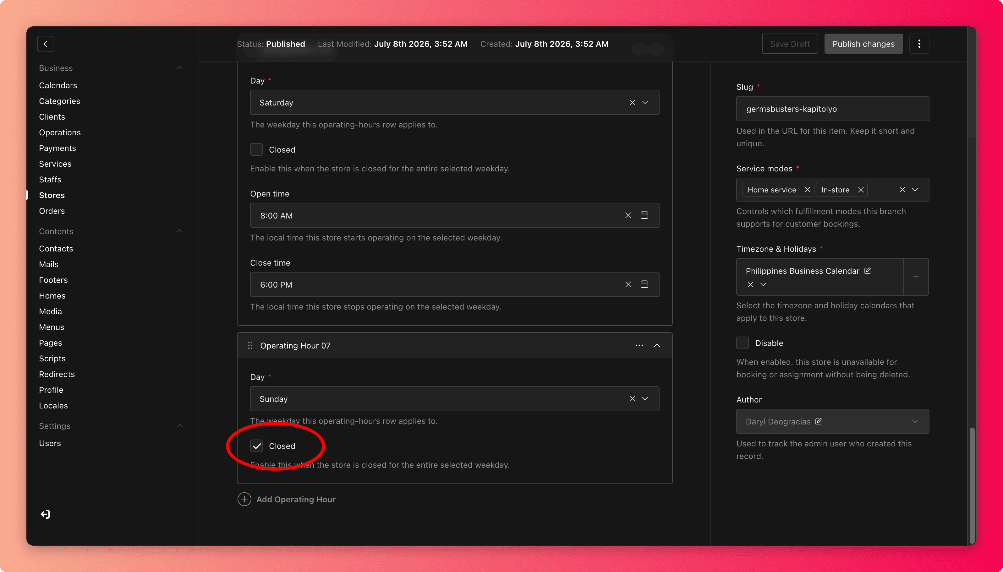 Screenshot of the operating hours rows with one day marked closed