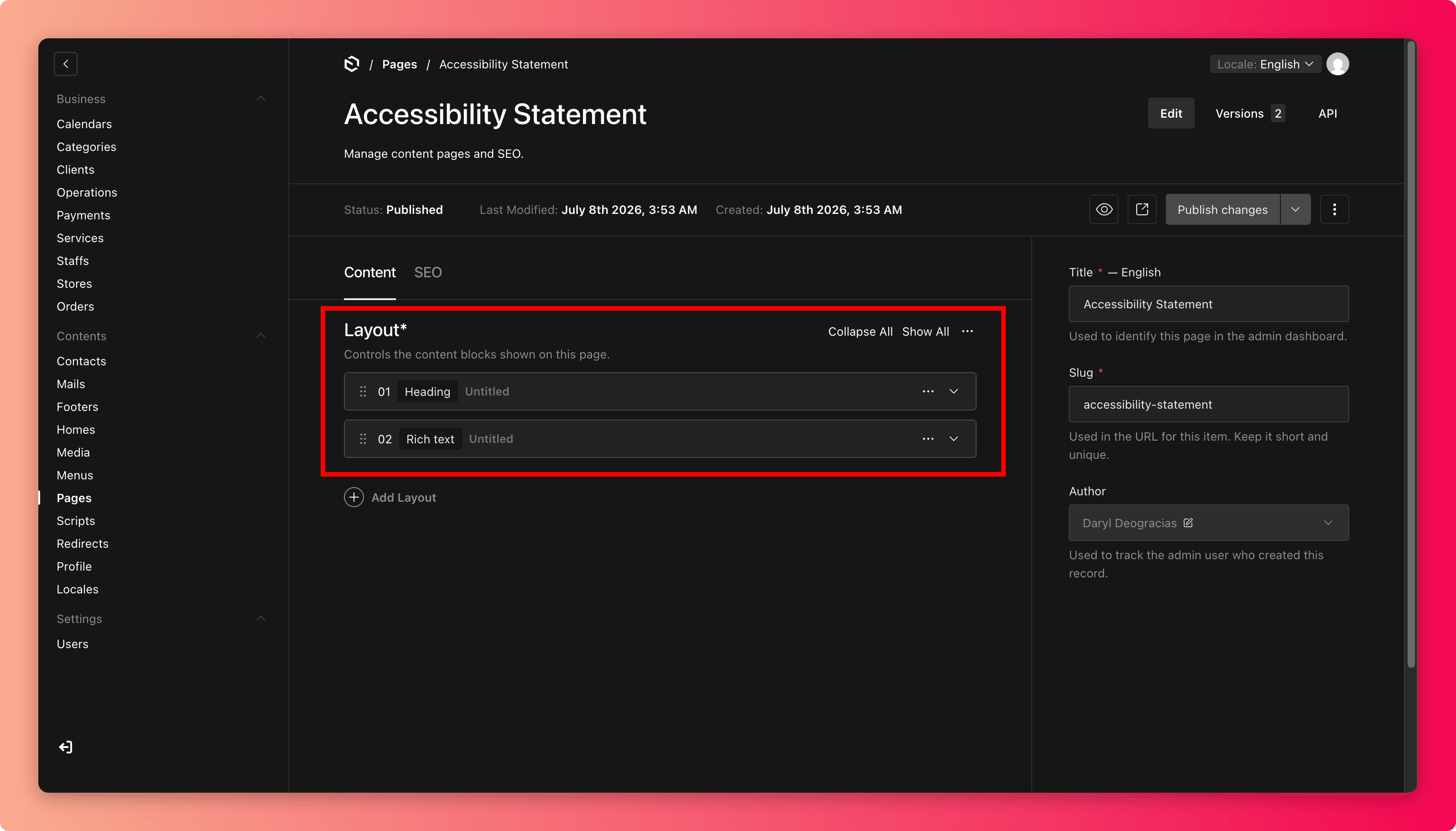 Screenshot of the page edit screen with content sections highlighted