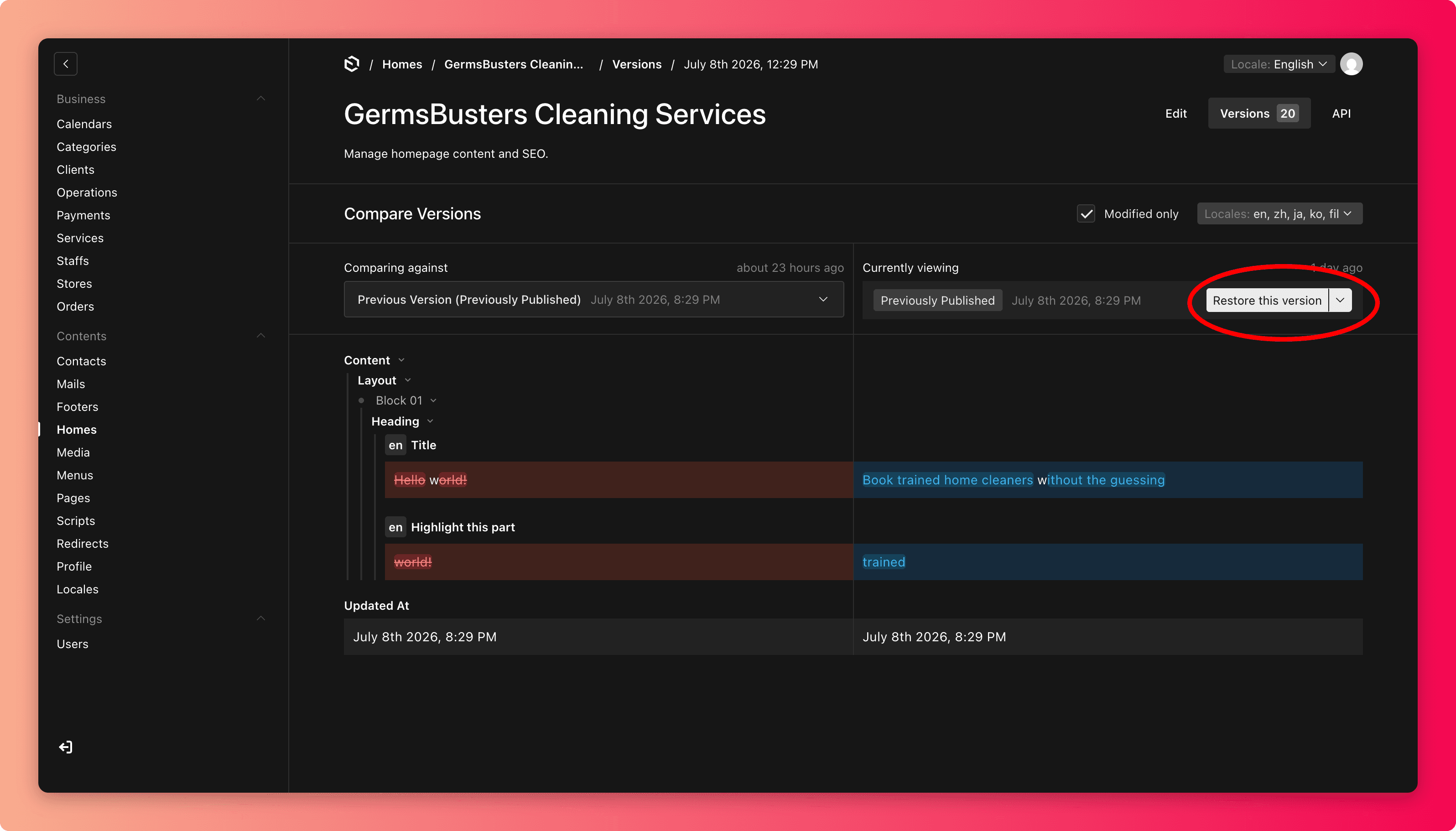 Versions list with the restore option highlighted